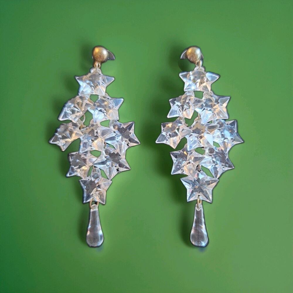 Muted Goldtone Stud Post Earrings With Lucite Dangle Stars 3½ Inch Drop